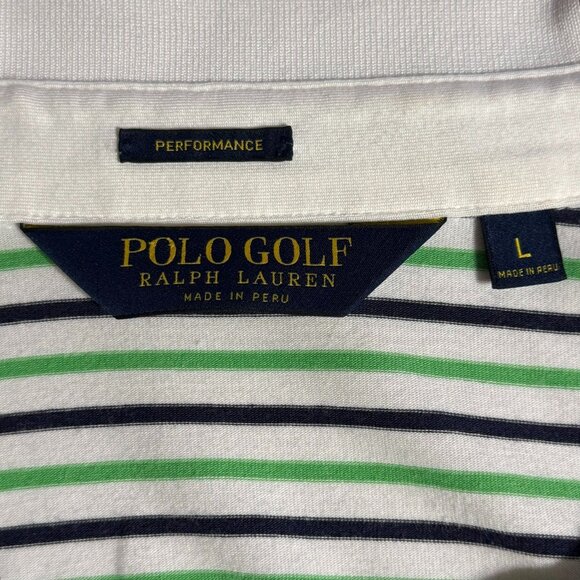 Polo Golf Ralph Lauren Mens L Performance Green & Navy Striped Polo Shirt - Picture 2 of 7